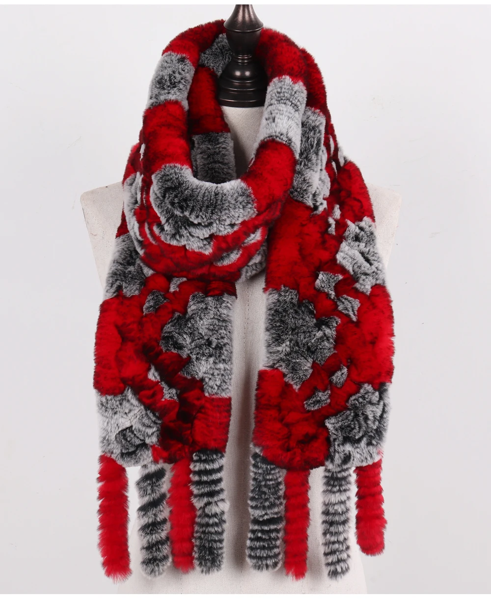 Neue Damen-Schals aus 100% natürlichem Rex-Kaninchenfell, langer Stil, gestrickte Rex-Kaninchenfell-Quastenschals, warme Echtfell-Schals für den Winter. – Detail 27