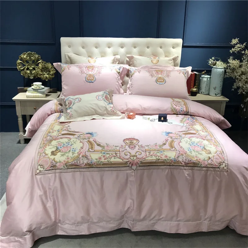 Pink luxury Classical Royal Embroidery 120S Egyptian Cotton Comfortable Bedding Set Duvet Cover Bed Linen Bed sheet Pillowcases