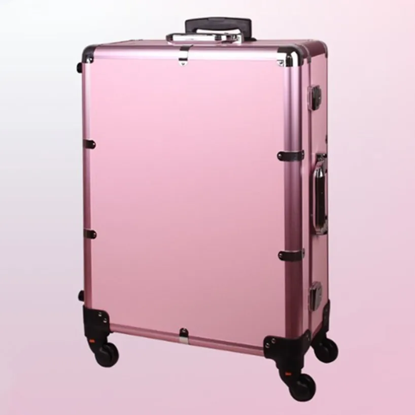 Aluminum Frame Professional Rolling Studio Makeup Artist Cosmetic Case Beauty Trolley Suitcase LED Light Mirror Box Pink Luggage