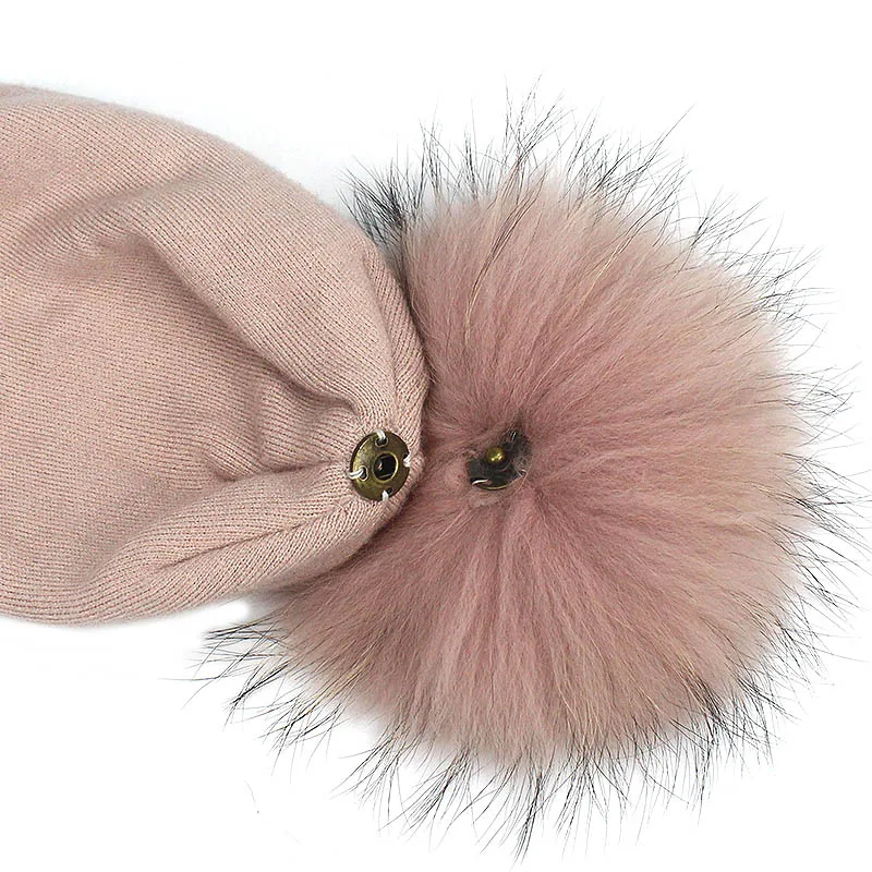 Gorro infantil de malha, chapéu de inverno tingido de pele de guaxinim, pom pom, quente para meninos e meninas, boné macio de marca infantil