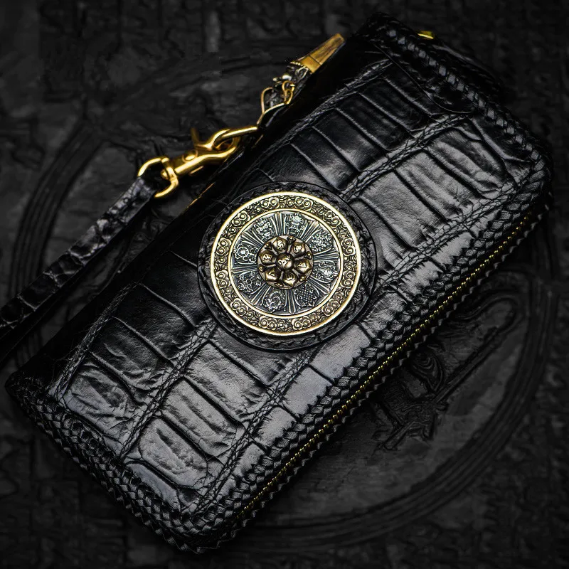 

Handmade Black Crocodile Skin knitting Wallets Purses Men Long Clutch Vegetable Tanned Leather Wallet Card Holder