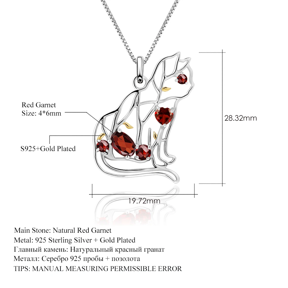 GEM\'S BALLET Natural Red Garnet Gemstone Fine Jewelry 925 Sterling Silver Handmade Cat Shape Pendant Necklace For Women