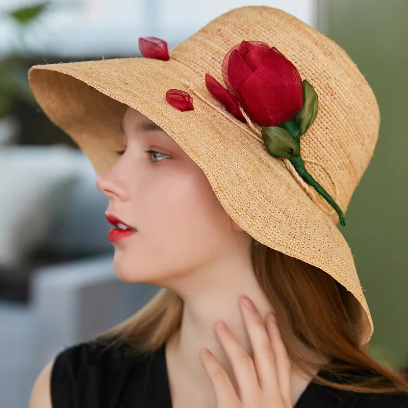 

Ladies Raffia Visor Hat Girl Summer Sun Protection Flower Hats Female Shopping Beach Seaside Beautiful Fashionable Caps H6576