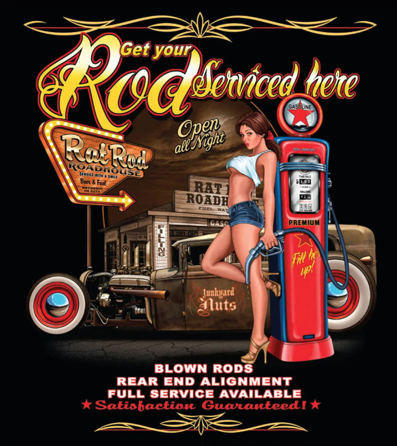 Men's High Quality Tees Motor Freak Rockabilly T-Shirt Hot Rod Service & Hot Girls (3XL Available) O-Neck Teenage T-Shirt