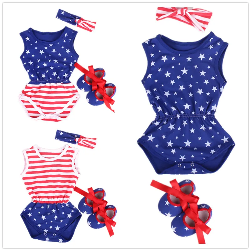 American Flag Baby Girl Bodysuits First Walker Headband 3pcs Suit Newborn Jumpsuit Clothes Set Cotton Star Boy Summer Outfit USA