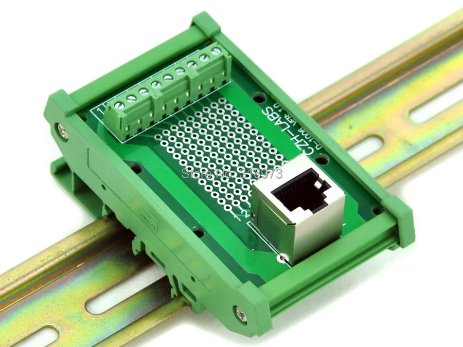 RJ45 8P8C DIN Rail Mount Interface Module, Vertical Jack.