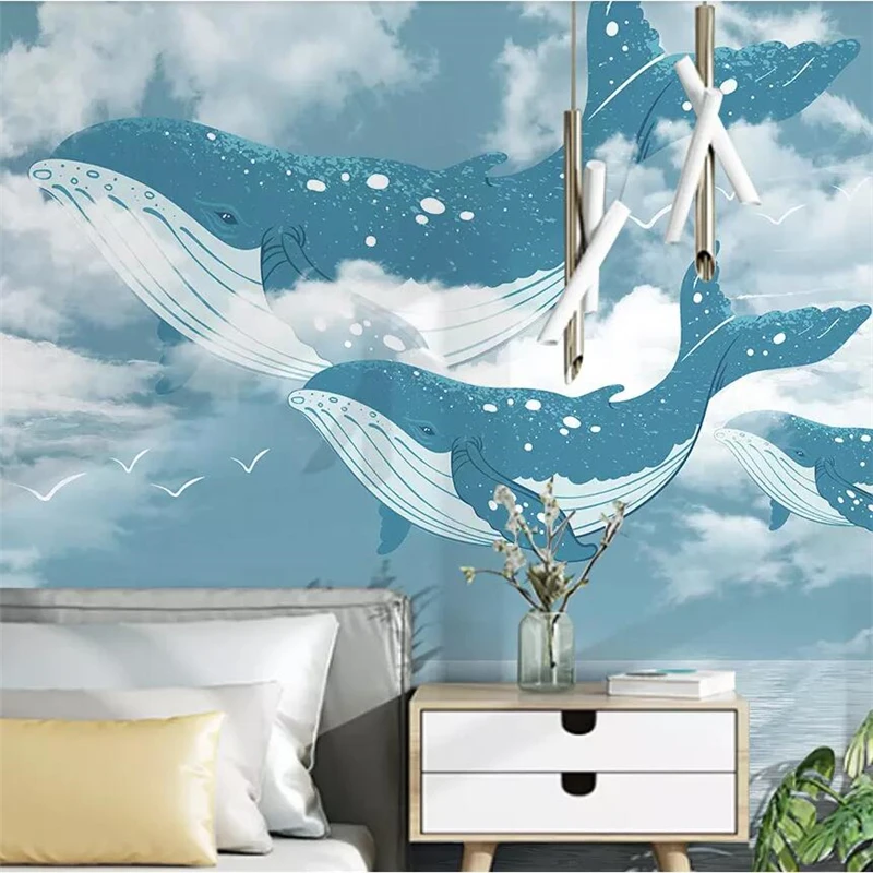 

wellyu Nordic creative Mediterranean ocean sky whale children's room background wall custom large mural green wallpaper