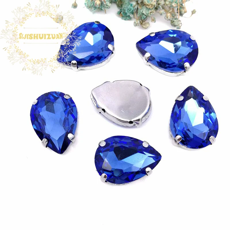 Light Sapphire Water droplet  Crystal Glass Sew-on Rhinestones with claw DIY Women's Dresses and clothes13*18 10*14 7*10 18*25