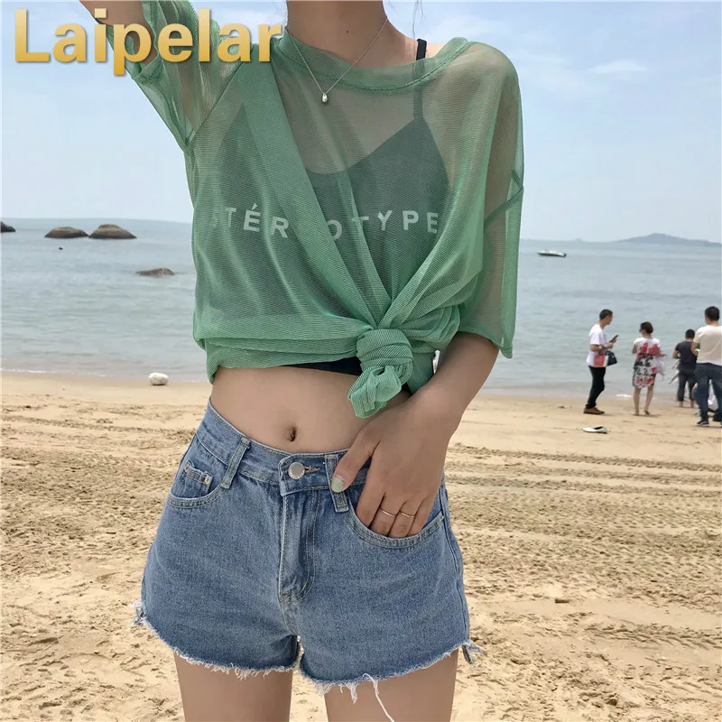 Summer Women Blouse Transparent Mesh Sunproof Sunscreen Half Sleeve Long Shirt Tops + Sleeveless Garment Two pieces Laipelar