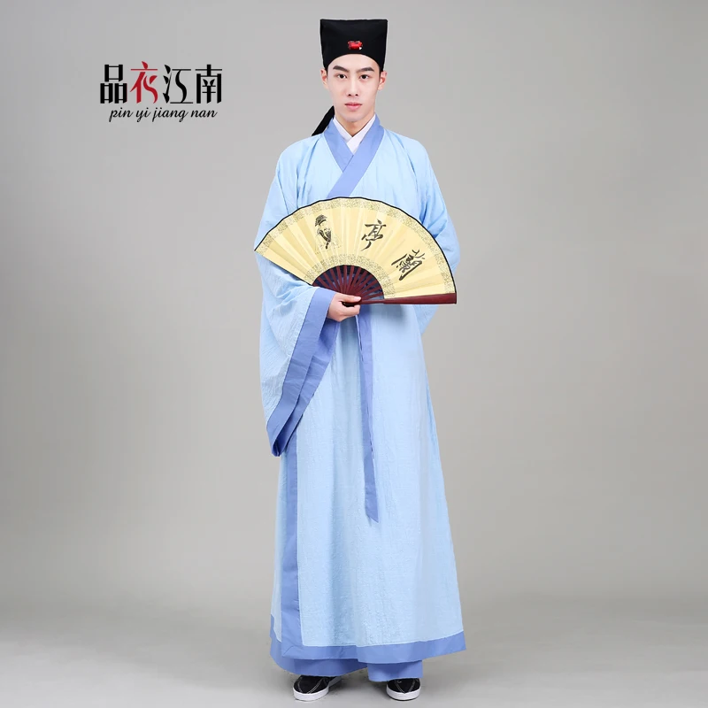 Cotton Linen Made traditional male Han costume Hanfu TV play Movie stage Blue costume Ancient Chinese Literature Style Outfit