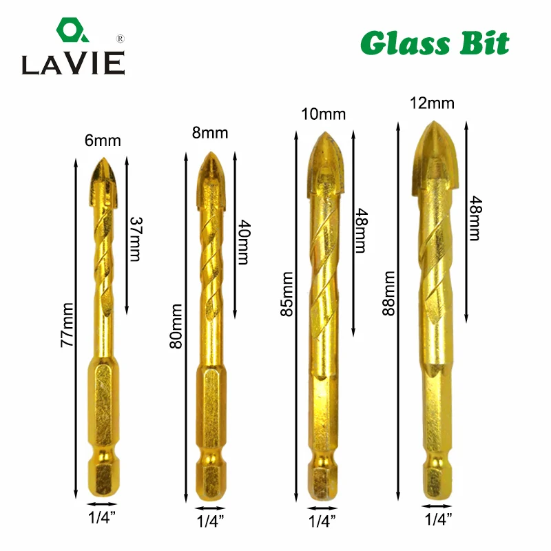 4 stks 1/4 "Hex Shank Twist Glas Bits Titanium Keramische Boren Boor Set 6 8 10 12mm Tegel beton Cross Tip Gat Beetje Tegel 02016