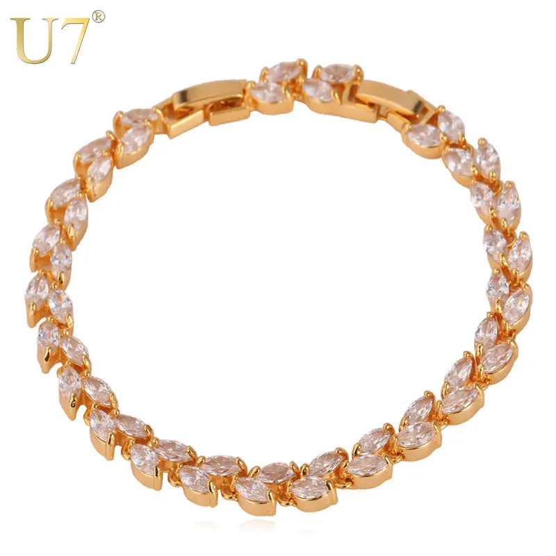 U7 French Romantic Zirconia Leaf Bracelet For Women Trendy Gold/Silver Color Jewelry Shiny Colorful Tennis Bracelet QC24