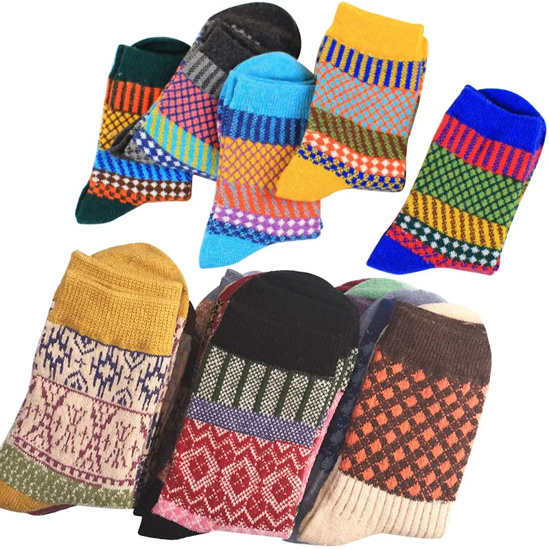 5 pares de inverno retro estilo étnico especial meias de lã térmica tubo alto espessamento quente macio coelho lã feminino meias natal