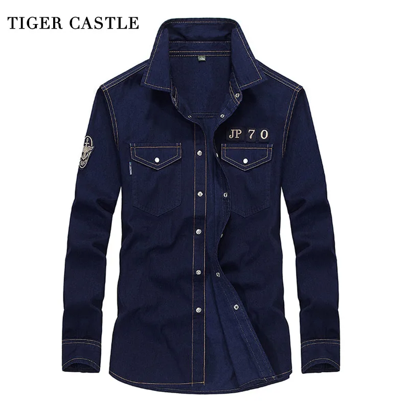 

TIGER CASTLE Brand Cotton Mens Cargo Shirts Denim Long Sleeve Male Shirts Military Style Casual Jean Shirt Mens Quality Clothes