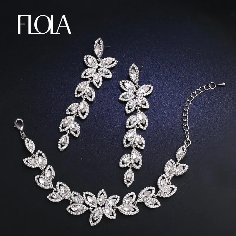 FLOLA Gold Silver Color Crystal Bridal Jewelry Sets Leaves Shape Bridal Bracelet Earrings Wedding Jewelry Sets for Women brta02