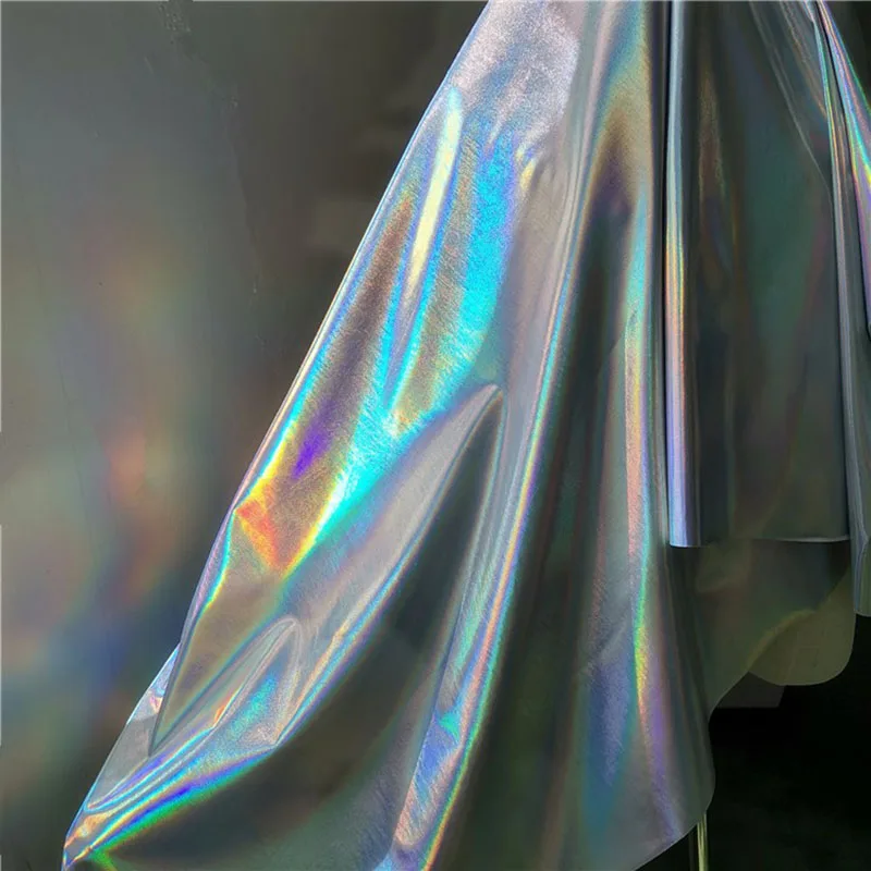 Silver Rainbow Shining Mirror Laser Leather Fabric, Stretch Pu Leather,Sewing Material for Pants,DIY Star Clothing,Dress,Fashion