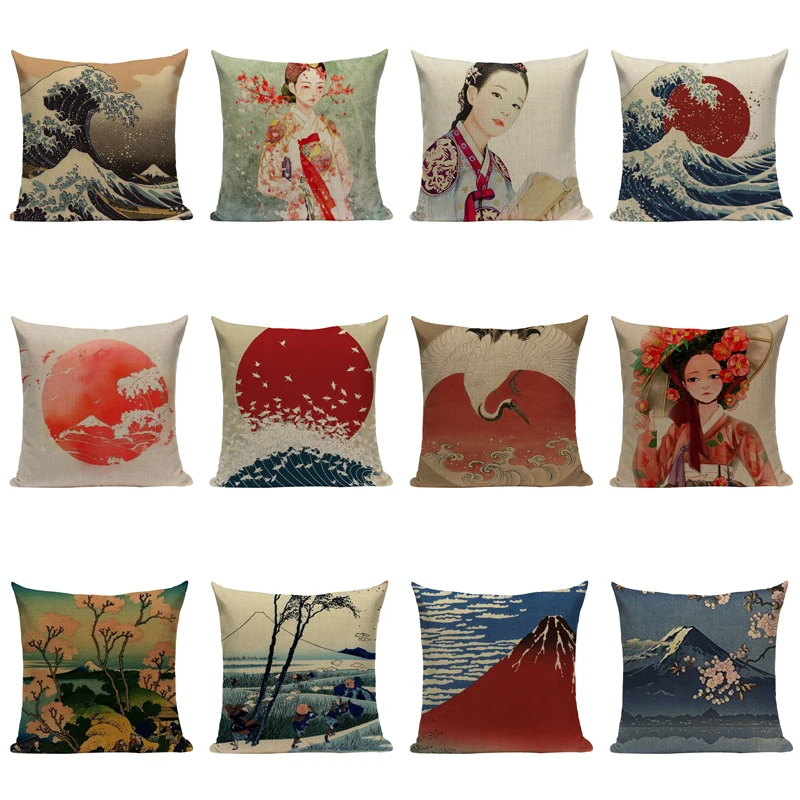 Vintage Decorative Cushion Covers Custom High Quality Linen Village Style Ukiyo Decor Pillowcase 45X45Cm Square Printing Pillows