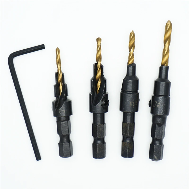 4Pcs HSS 1/4 Hex Shank ไทเทเนียมไทเทเนียมเจาะ Tapper เครื่องมือ Woodworking Pilot รูขนาด #6 #8 #10 #12 1ประแจ
