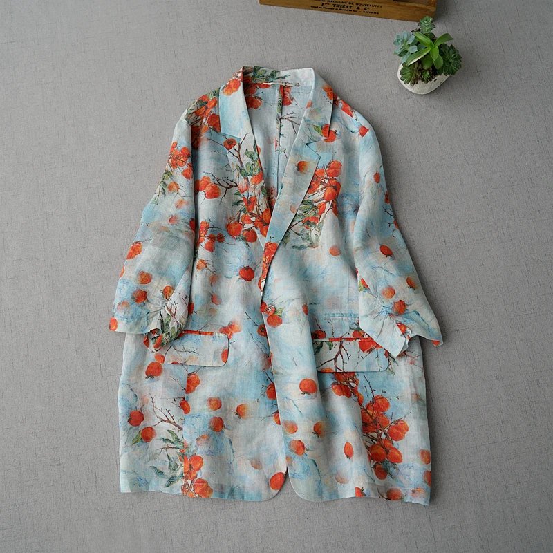 

Summer Women All-match Loose Plus Size Japanese Style Mori Girls Beautiful Prints Brief Comfortable Thin Ramie Blazers Coats