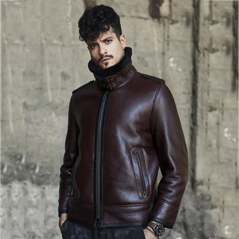 

Mens Natural Short Style Shearling Sheepskin Coat Classic Lapel Design Motorcycle Jacket Brown And Black Clothing