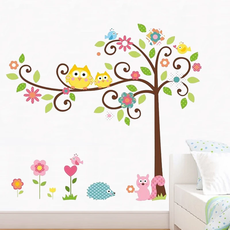 Cute Owlets On Floral Tree Wall Stickers For Kindergarten Kids Room Home Decoration Diy Cartoon Owls Animal Mural Art Pvc Decal