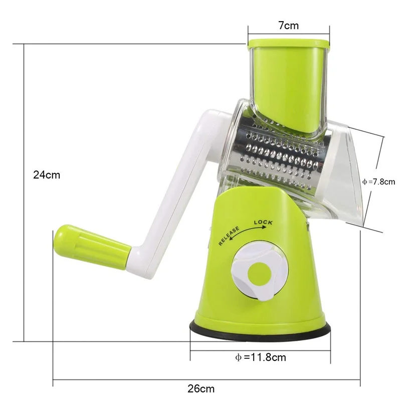 LMETJMA Manual Rotary Vegetable Slicer Cutter Kitchen Vegetable Cheese Grater Chopper with 3 Sharp Stainless Steel Drums KC0082