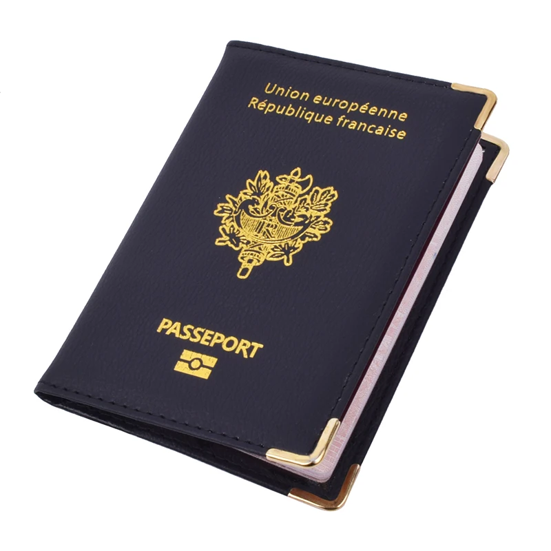 Juste de passeport français en cuir PU pour hommes et femmes, fentes pour cartes de crédit, porte-passeport, étui de voyage, évaluation