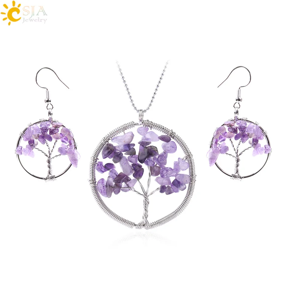 CSJA Reiki Jewelry Sets Tree of Life Natural Gem Stone Chips Onyx Opal Quartz Rock Crystal Drop Earrings Necklaces Healing E569