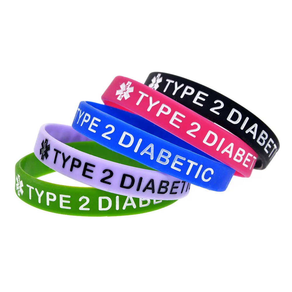 50 Pcs TYPE 2 DIABETIC Silicone Bracelet Adult Size 7 Colors