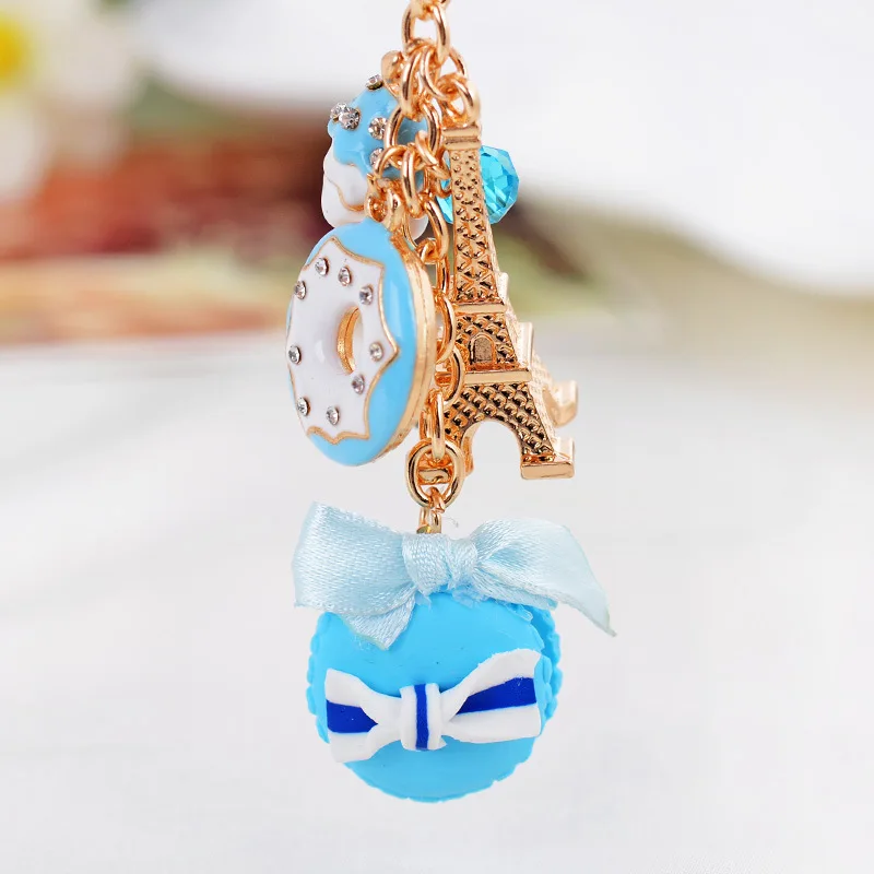 Creative Jewelry Macaron Cake Eiffel Tower Element Pendant Keychains Crystal Keyrings Charms Gift For Women