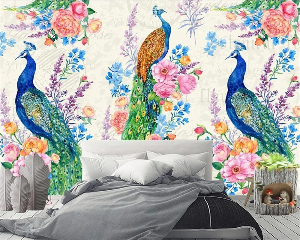 

Beibehang Custom wallpaper European retro hand painted peacock pastoral TV background walls living room bedroom 3d wallpaper