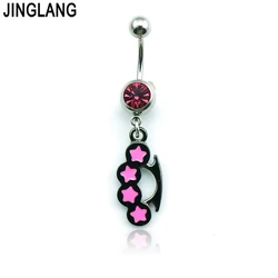 JINGLANG Arrival Belly Rings Surgical Steel Barbell Dangle Pink Enamel Black Brass Knuckles Navel Piercing Jewelry Free Shipping