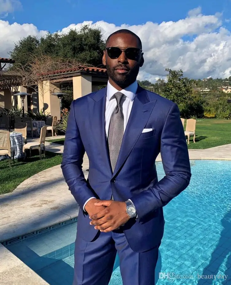 

High Quality One Button Blue Groom Tuxedos Peak Lapel Groomsmen Mens Suits Blazers (Jacket+Pants+Tie) W:756