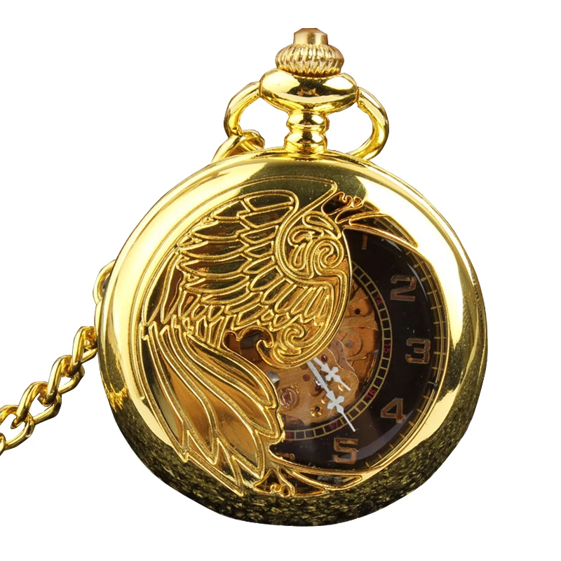 Retro Luxury Gold Silver Semi-hollow Phoenix Wing Carving Case Skeleton Hand Wind Mechanical Pocket fob Watches Men Gift Bag