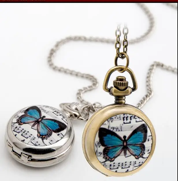 

New Fashion quartz butterfly score enamel pattern Bronze, silver pendant mirror hours Necklace pocket watches