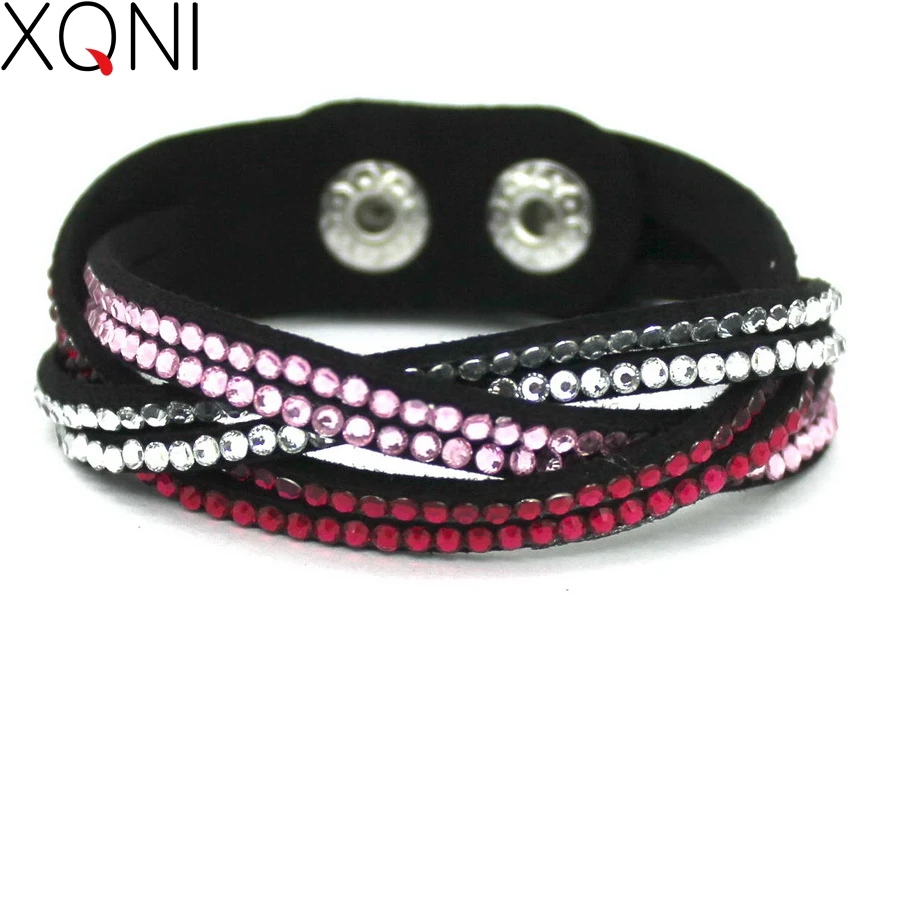 XQNI New Fashion Crystal Bangle Leather Bracelets European Style Adjustable Rhinestone Classic Charm Bracelets For Women Jewelry