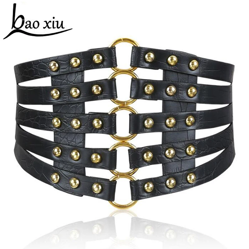 

Hot Fashion New Vintage leather Metal Rivet belt hollow wide elastic corset belts for women dress straps accessories