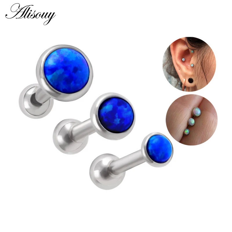 Alisouy 1Pc Stainless Steel Silver color 16g Opal Stone Ear Tragus Gauges Cartilage Helix Stud Earring Piercing Body Jewelry