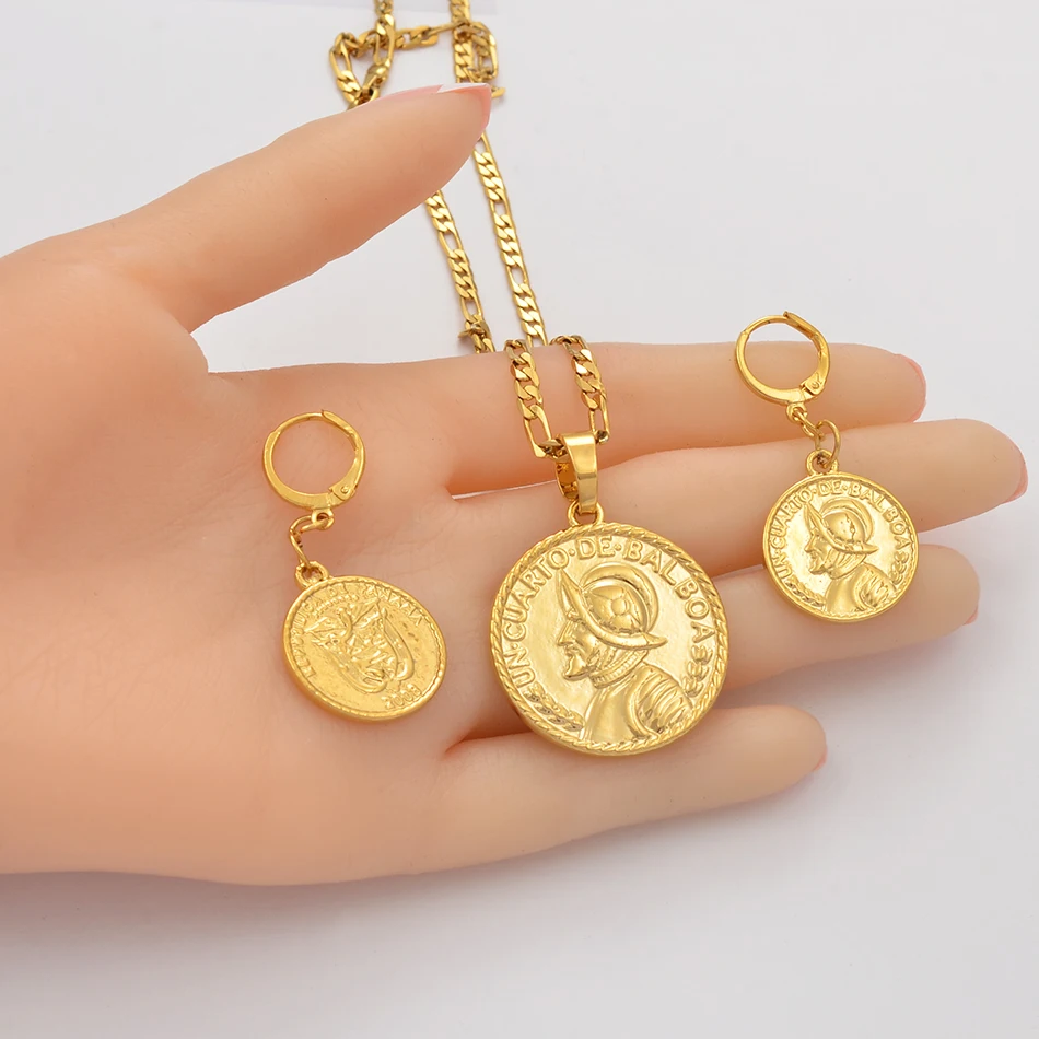 Anniyo Panama Coin Pendant Necklace Earrings Women Un-Cuarto.De.Balboa With Balboa Portrait Panamanian Jewelry Sets  #205706