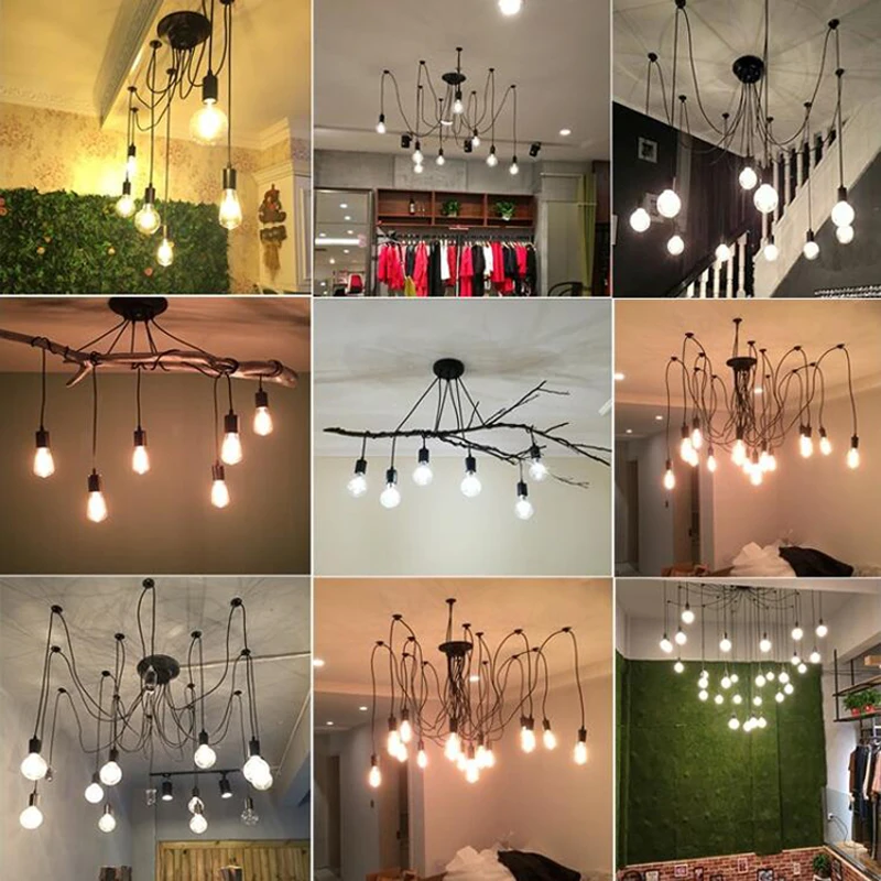 DIY Vintage Black Cord Multiple Light Sources Simple Pendant Lamp Dining Room Coffee 1-2m Wire Spider Pendant Lights