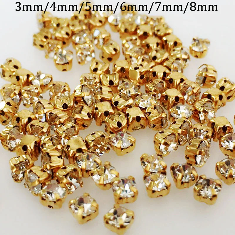 Free shipping high quantity glass round shape White color gold base sew on rhinestones with calw,diy/clothing accessories