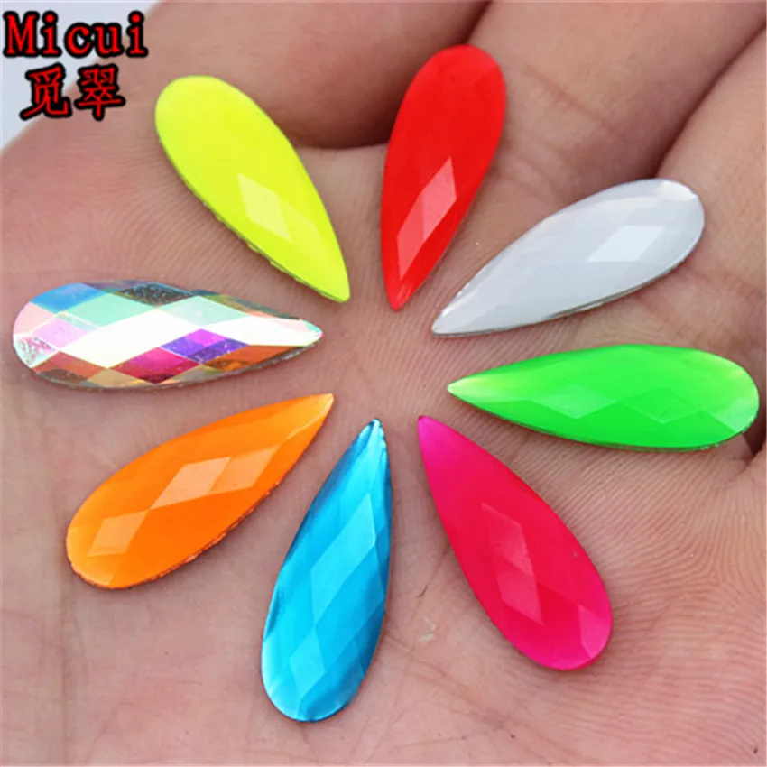 Micui 100pc 8*21mm New Fluorescence Color Drop Resin Rhinestones Flat Back Crystal Applique Stones Non Sewing for Crafts MC316