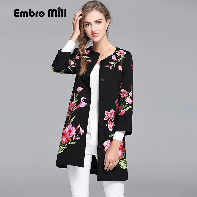 Vintage royal embroidery autumn basic jacket coat woman Tops elegant slim lady plus size black floral casual coat female S-6XL