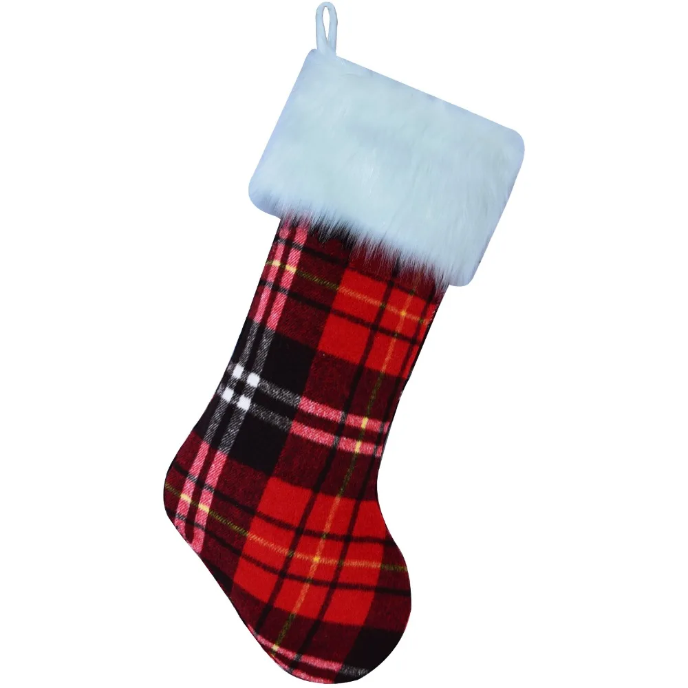 Free Shipping Red with Black Plaid with Faux Fur Cuff Buffalo Check Christmas Stocking Christmas tree Decoration