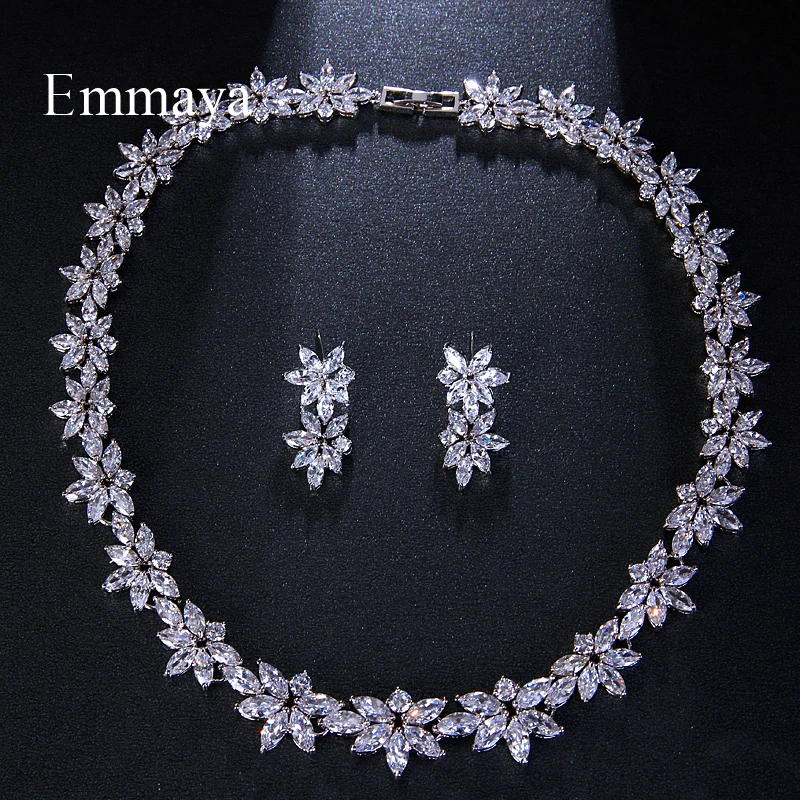 Emmaya Elegant Luxury White AAA Zircon Crystal Flowers Pretty Wedding Necklace Earrings Set For Women Dinner Dress Jewelry Set