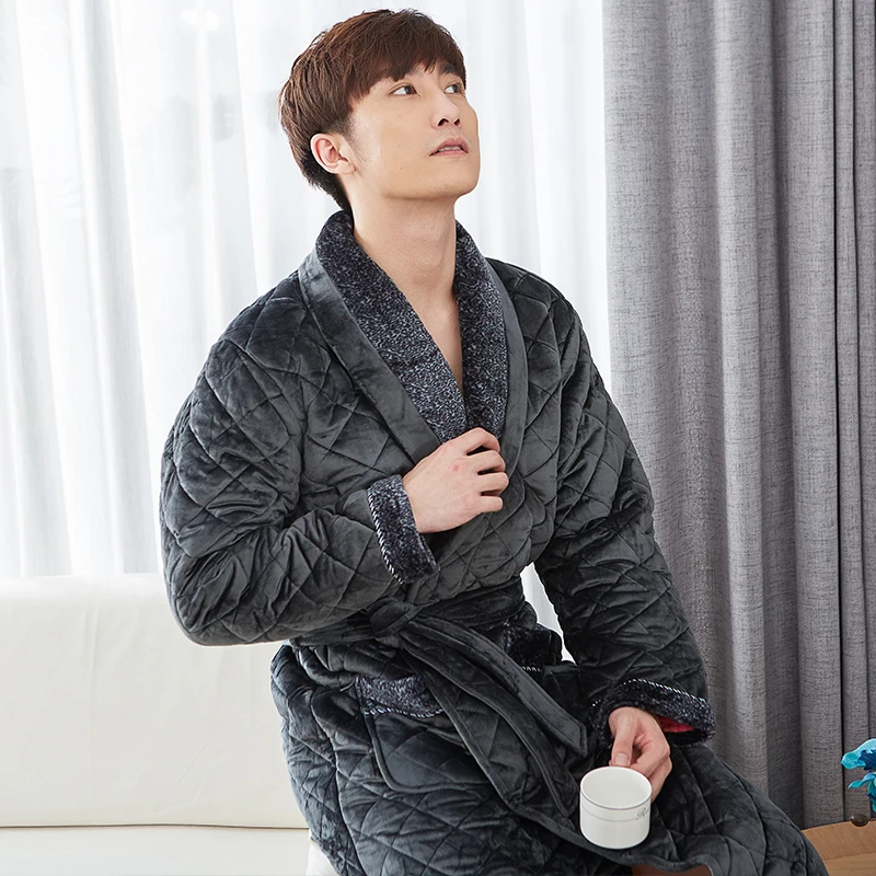 Thick 3 Layers Warm Winter Bathrobe Men Soft Flannel Quilted Long Kimono Bath Robe Male Dressing Gown for Mens Coral Fleece Robe