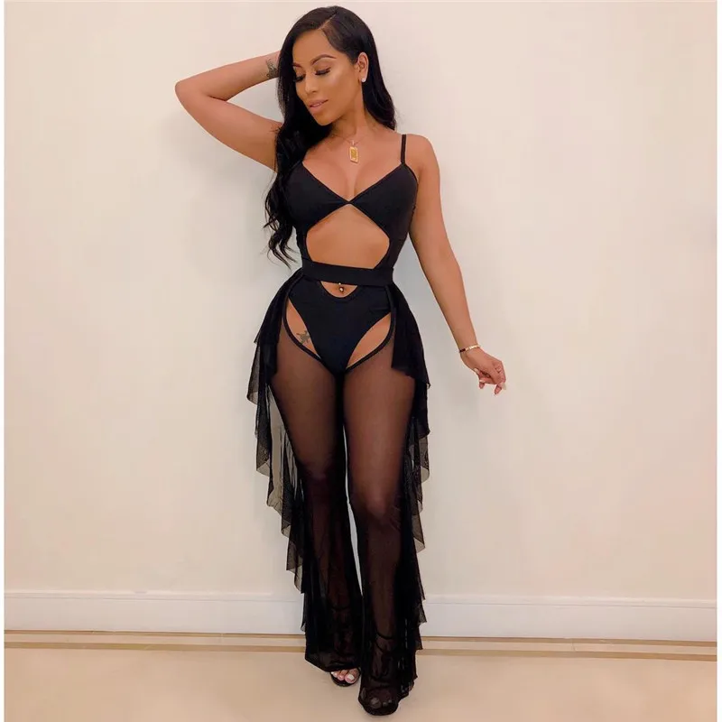 Sexy 2 Piece Sets Women Sheer Mesh Bodysuit Top and Ruffles Pants Set Summer Swimwear Vacation Party Club Wear Two Piece Outfits