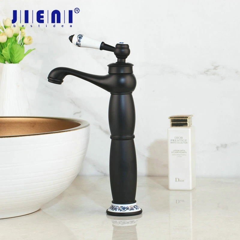 

JIENI Black Ceramic Handle Basin Tap Faucets Bathroom Oil Rubbed Black Bronze Deck Mount Sink Vanity Tap Mixer Faucet