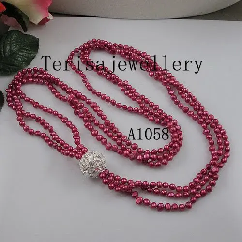 

New Free Shipping A1058# Fashion Jewellery 3 Rows Purple Color Length 85CM Size 25MM,4-5MM Fresh Water Pearls Necklace