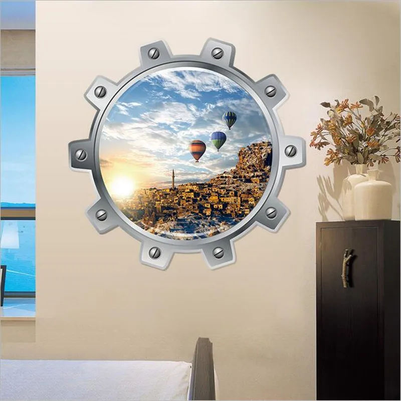 1PCS 3d Vivid Submarine Porthole Wall Stickers Scenic Ocean City Refrigerator Bathroom Home Decoration  Mural Art Pvc Decal